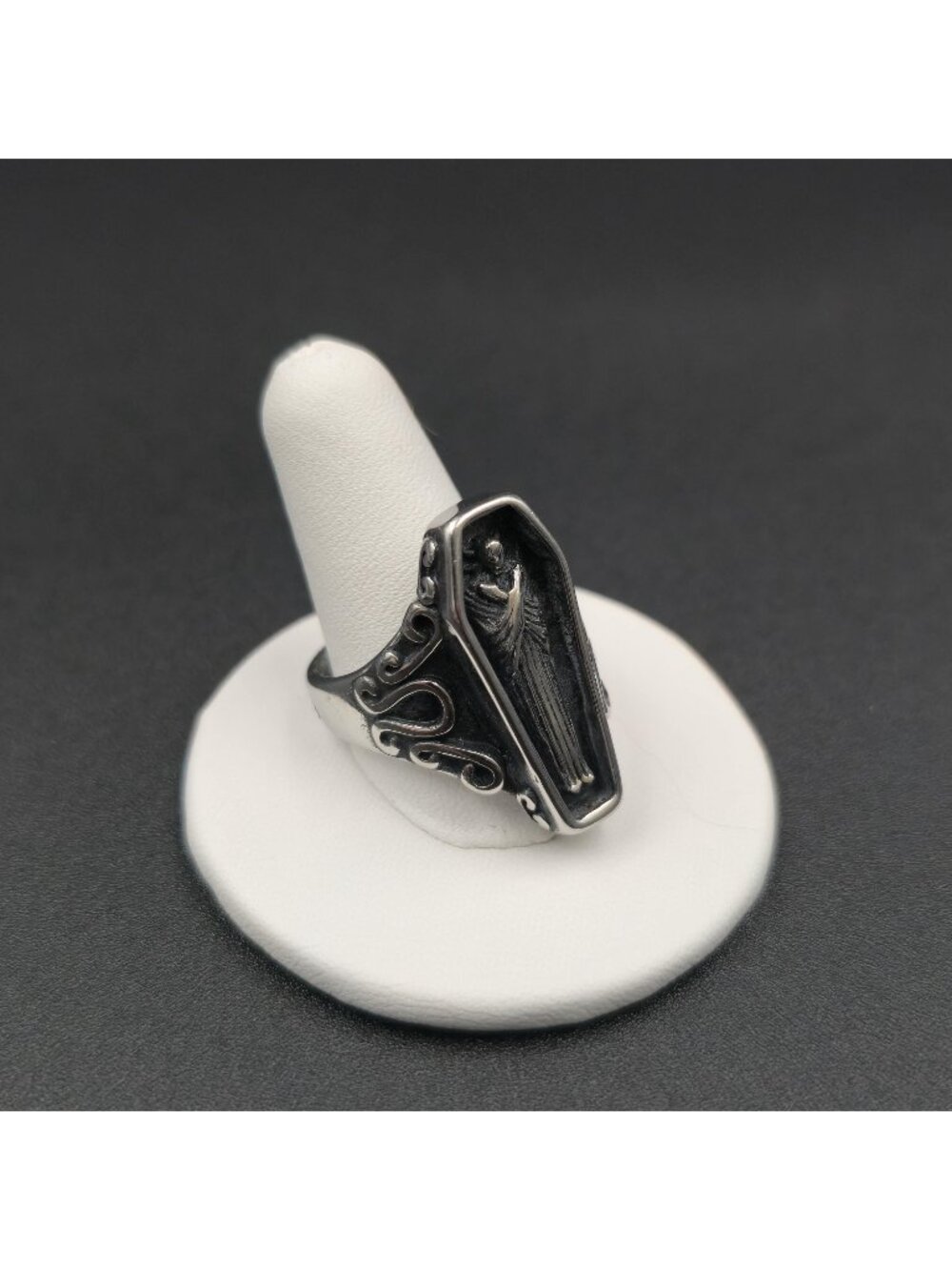 Size 10.5 Stainless Steel Gothic Coffin Dark Aesthetic Band Ring A7458 - Picture 2 of 8